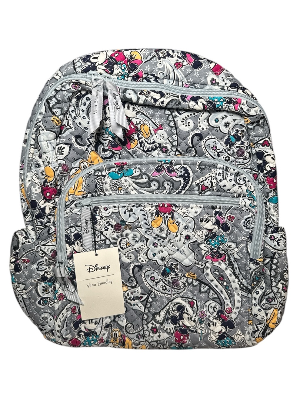 Vera Bradley Disney Gray Quilted Backpack with Mickey & Minnie Character Print